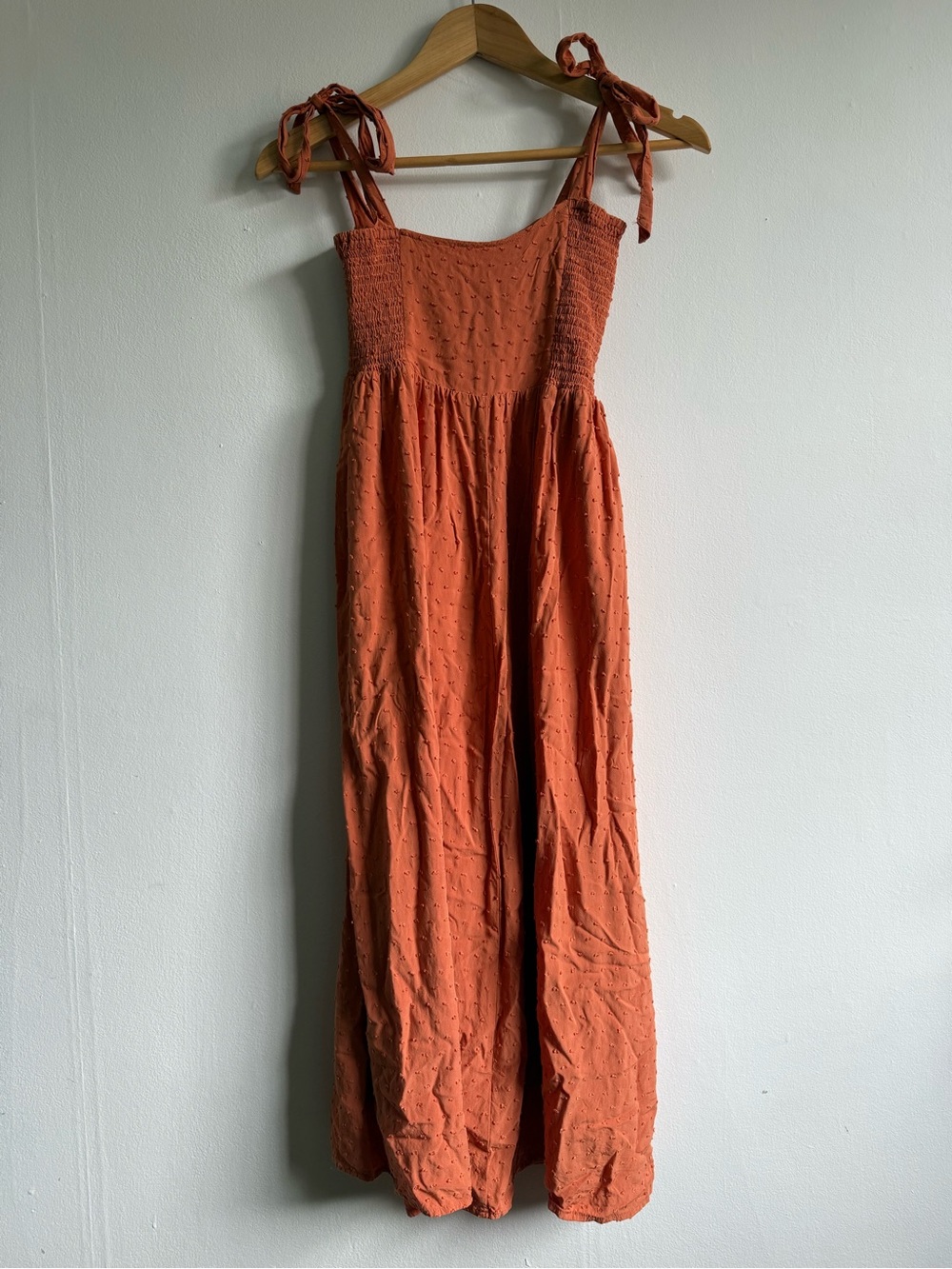 Smocked Tie-Shoulder Maxi Dress in Rust Orange